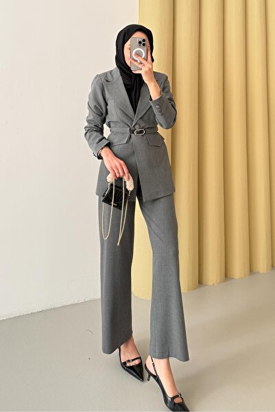 Rimel Moda Blok Belted Suit Gray