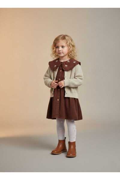 kidsense Girl's Embroidered Cardigan Collar Velvet Dress