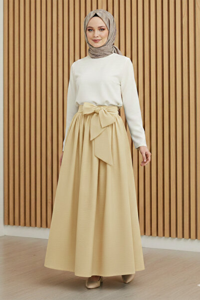 FERHEL Women's Pleated Belted Parachute Fabric Long Skirt - Light Yellow