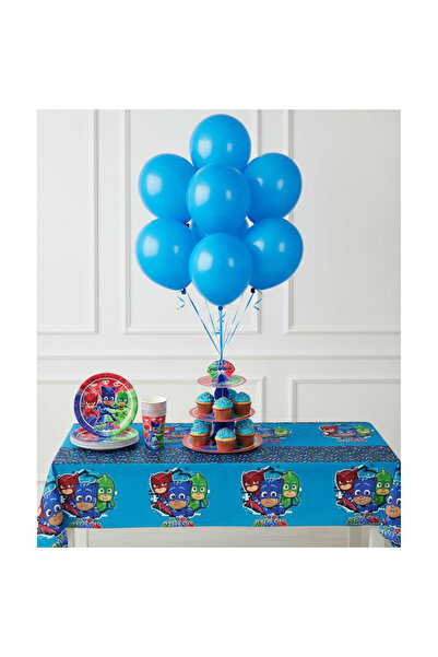Umamiçe Pijamaskeli̇ler Party Set – 10 Blue Balloons + 8 Plate Cups + Cake St...