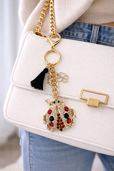 Modex White Butterfly Tassel Detail Stoned Ladybug Bag Accessory Keychain