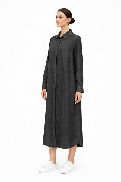 İDOL GİYİM Shirt Collar Ten-Sel Fabric Long Denim Tunic-Dress