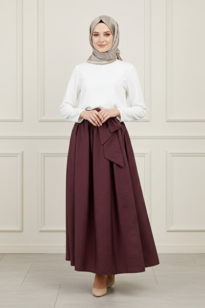 FERHEL Women's Pleated Belted Parachute Fabric Long Skirt - Burgundy