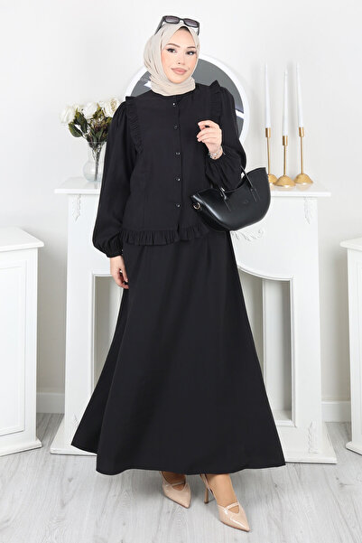 KL Ruffle Detailed Buttoned Skirt Suit Black