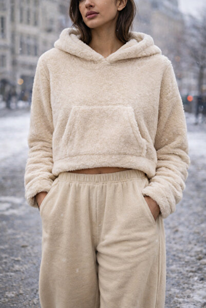 MOONBULL Γυναικείο βελούδινο φούτερ με κουκούλα και τσέπη καγκουρό