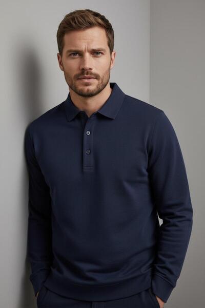 WEMSEY Βαμβακερό φούτερ με γιακά πόλο σε βασικό ναυτικό μπλε