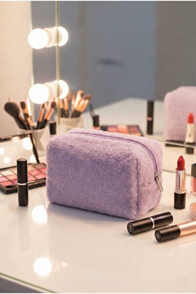 BagsMadame Plush Furry Fabric Single Compartment Zippered Cosmetic Organizer ...