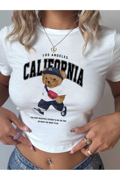 WESTİMO Women's California Bear Printed Crew Neck Slim Crop Tshirt