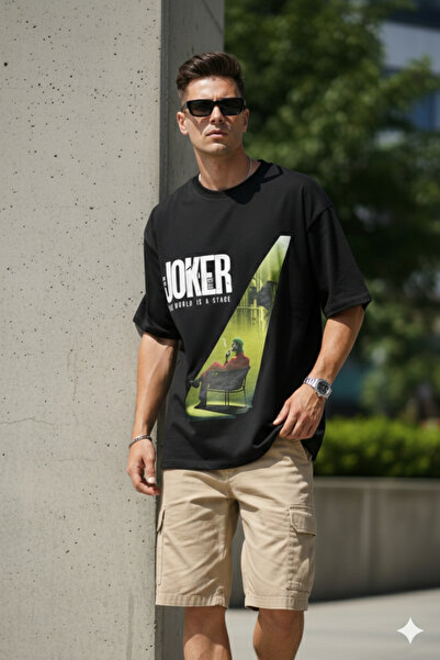 Cool mans Joker the World Is a Stage Graphic Printed Black Crew Neck Unisex T...