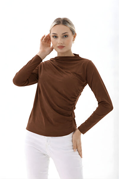 AKD Atelier Women's Blouse Draped Long Sleeve Sandy Fabric High Collar Stretc...
