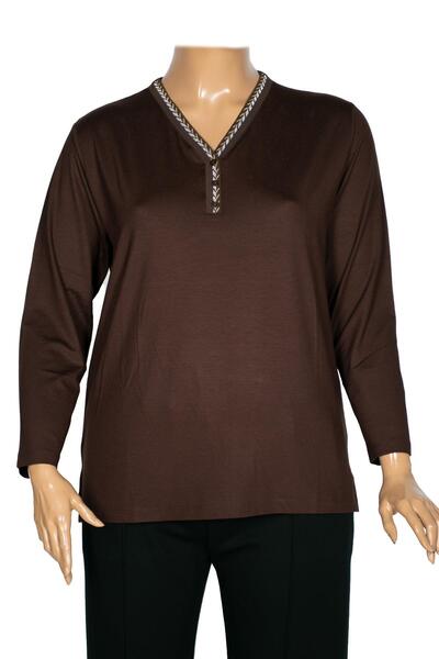 Pıtırcık Cimariva Women's Öykü Plus Size V-Neck Knitwear Detailed Brown Blouse