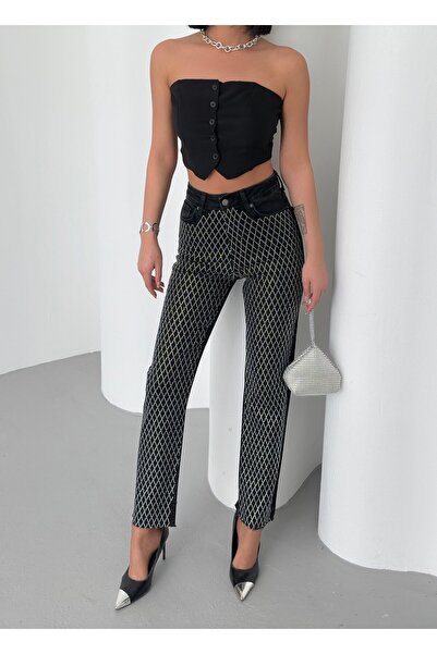 Coşkun GİYİM Women's High Waist Stoned Mom Fit Jeans Anthracite 7092-23