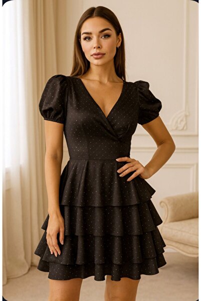 Divin store Black dress with Ruffled and rhinestones