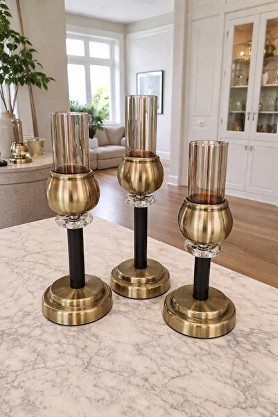 voliX Dizayn Eskitme Prinç Siyah Kristal Taşlı Şamdan Seti 35/32/29 cm | muml...