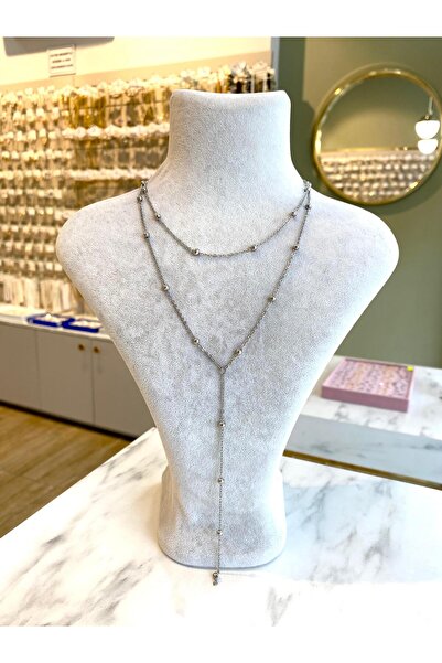 Lilyum Aksesuar Çelik Çoklu Görünümlü Topçuklu Gümüş Renk İkili Kombin Y Kolye
