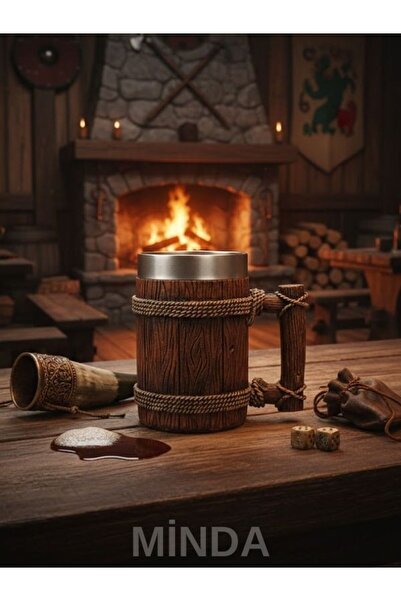 MINDA Ahşap Bira Kupası Paslanmaz Çelik Viking Retro Tema Eskitme Bira Bardağ...