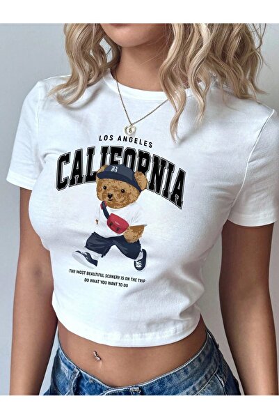 PALPİTO تيشيرت نسائي قصير ضيق برقبة دائرية وطبعة California Bear