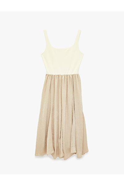 Koton Square Neck Strap Midi Dress with Two Different Fabrics