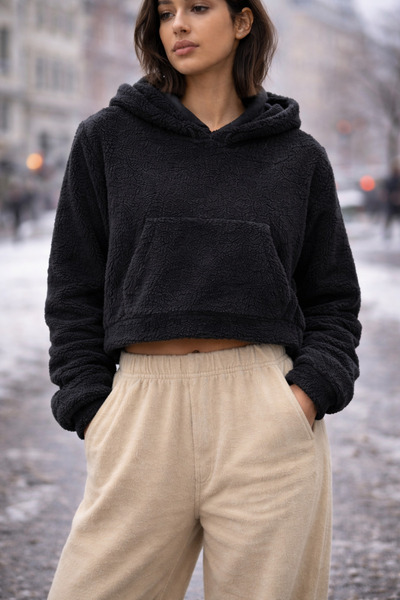 MOONBULL Women's Hooded Kangaroo Pocket Crop Plush Sweatshirt