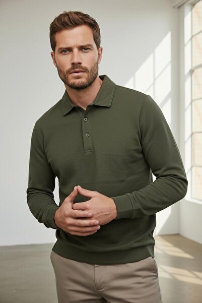 WEMSEY Βαμβακερό φούτερ με γιακά πόλο, βασικό χακί