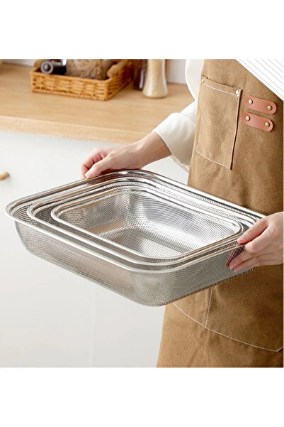 MyBru Paslanmaz Çelik Dikdörtgen Çok Amaçlı Makarna Un Meyve Sebze 3'lü Süzge...