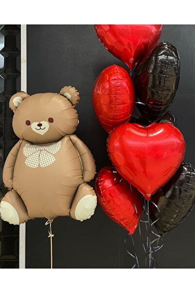 MERİ PARTİ Valentine's Day Heart Foil Balloon Set with Teddy Bear – Red and B...