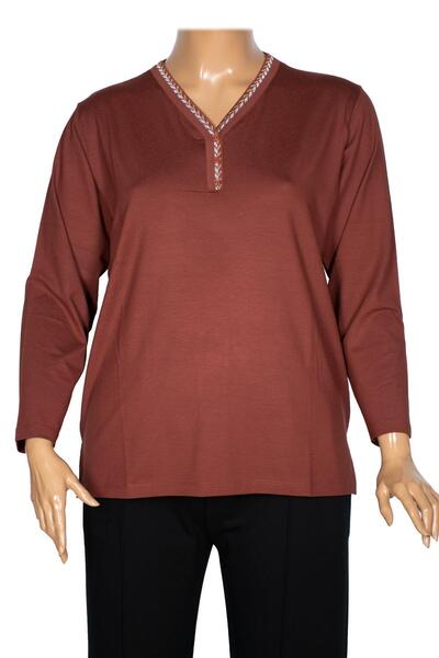 Pıtırcık Cimariva Women's Öykü Plus Size V-Neck Knitwear Detailed Tan Blouse