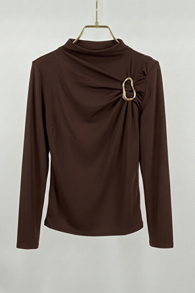 AKD Atelier Women's Blouse with Gold Buckle Detail, Gathered Long Sleeves, Sa...
