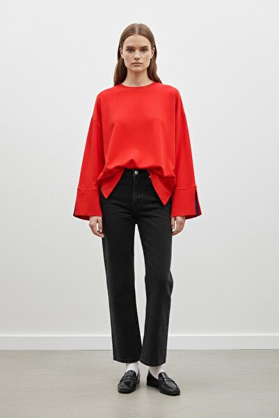 Puane Tunica tricotată cu gât crewneck și umeri goi pentru femei, ROȘU 20735