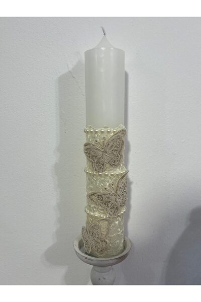 Botez Lumanare din dantela si fluturi si perle- ivory, 35x6 cm