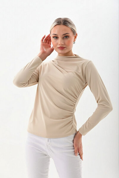AKD Atelier Women's Blouse Draped Long Sleeve Sandy Fabric High Collar Stretc...
