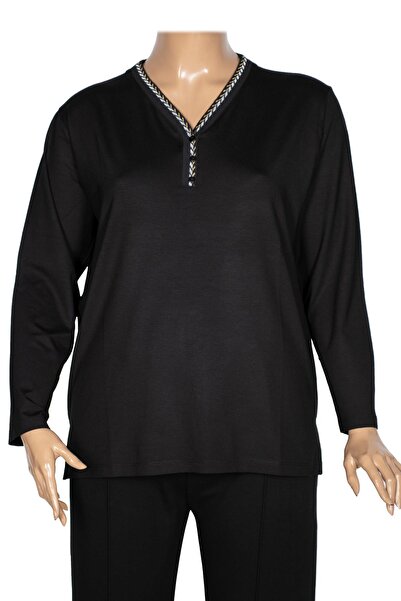 Pıtırcık Cimariva Women's Öykü Large Size V-Neck Knitwear Detailed Black Blouse