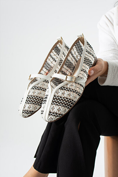 dabab shoes Marvena Women's Black and White Cross-Strapped Lace Detailed Tran...