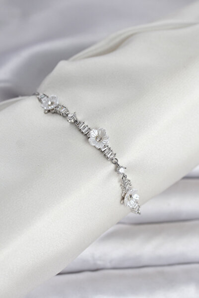 Nehir Baguette Zircon Stone Flower Model Silver Color Elevator Women's Bracel...