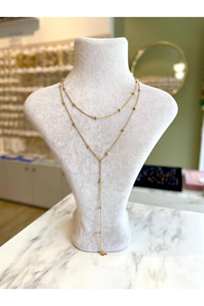 Lilyum Aksesuar Çelik Çoklu Görünümlü Topçuklu Altın Renk İkili Kombin Y Kolye