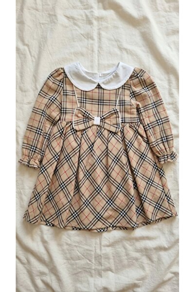 Sabi Baby Collar Plaid Patterned Cotton Baby Dress with Bow Detail