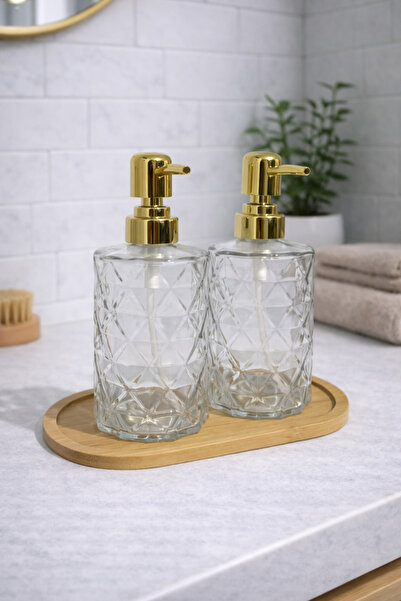 MEYA PİNE Glass Liquid Soap Dispenser Set with Bamboo Base, 2 Pieces, 350 ml ...
