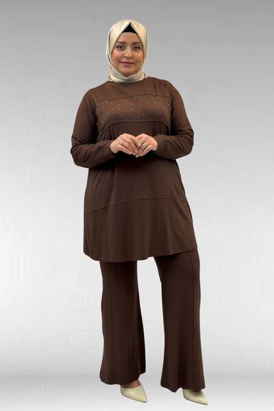 Eslina 67021 Plus Size Stone Print Detailed Segmented Trousers Set - Brown