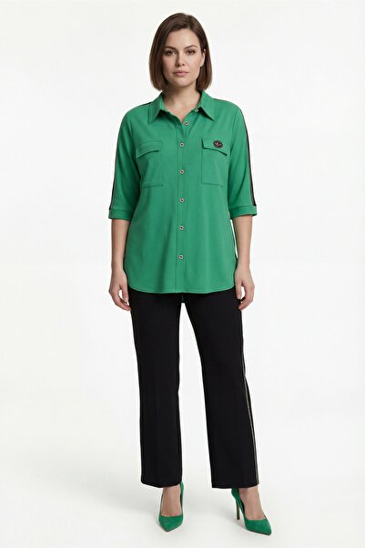 EXİTLİNE Women's Green Seasonal Elastic Waist Double Pocket Buttoned Shirt-Pa...