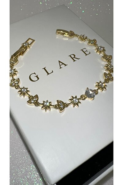 GLARE JEWELRY CO سوار من الفولاذ الذهبي بتصميم نصف قمر مرصع بحجر الزركون على ...