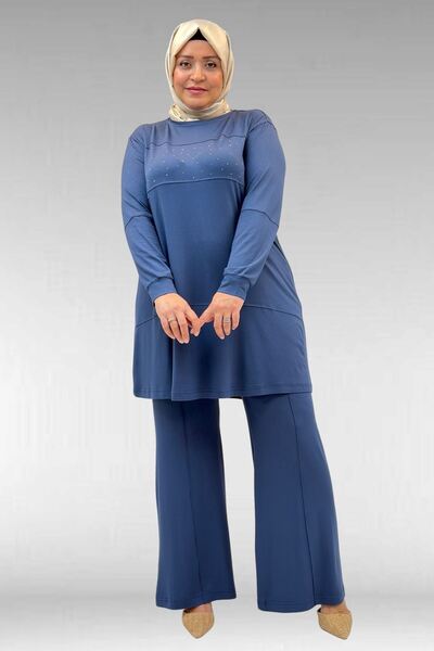 Eslina 67021 Plus Size Stone Print Detailed Segmented Trousers Set - Petrol