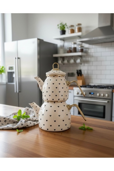 EmayeBurada Luxury Enamel Teapot Set - White with Tiny Heart Detail - Inducti...