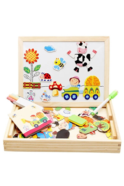 smile toys Tabla Magnetica Educativa din Lemn 3 in 1, Montessori, Puzzle Magnetic, Tabla cu doua fete, 60+Piese