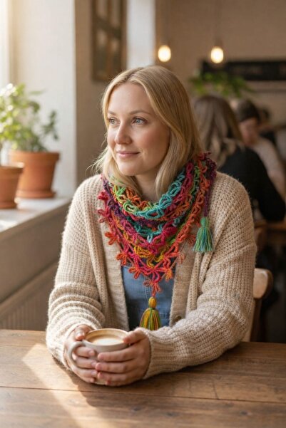 satürn hobi örgü tasarım Knitted Bohemian Color Gradient & Shimmering Neck Co...