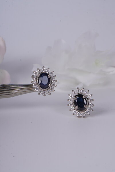 Aksesuaring 5.7 mm Safir & Mozanet Taşlı Gümüş Küpe