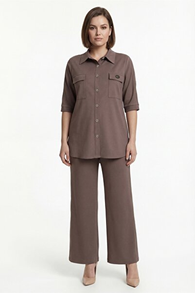 EXİTLİNE Women's Mink Seasonal Elastic Waist Double Pocket Buttoned Shirt-Pan...