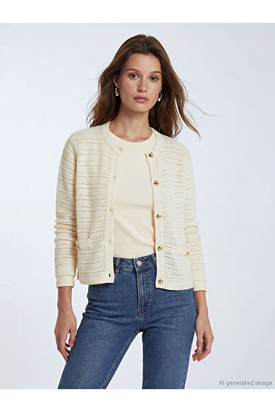 LC Waikiki Nevavm Farkıyla Lcw Modest Ecru Oval Neck Openwork Women's Knitwea...