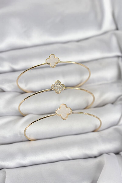 shopwave مجموعة أساور نسائية من 3 قطع مرصعة بحجر الزركون موديل كلوفر ذهبي اللون