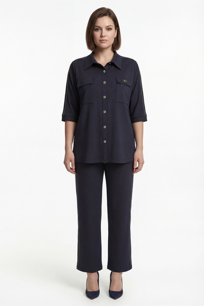 EXİTLİNE Women's Navy Blue Seasonal Elastic Waist Double Pocket Buttoned Shir...