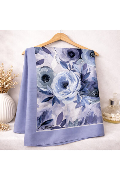 BERAT Mavi Çiçek Desenli Soft Touch İpek Saten Şal